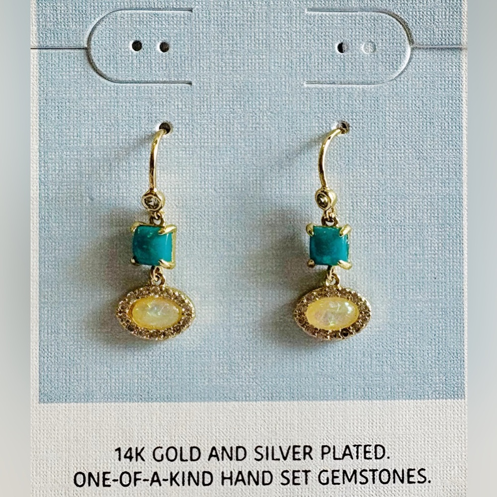 DUSK 14K Gold and Silver Plated Dangle Earrings Hand Set Gemstones with Bag